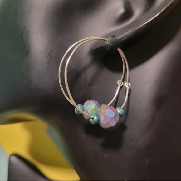New Handmade Iridescent Glass Beads On Silver Colored Hoop Earrings Gift Boxed - Picture 8 of 9